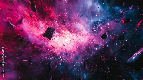 Colorful explosion with debris in space. photo