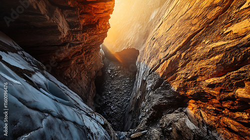 A peaceful winter landscape featuring a crevasse in the foreground, with soft light enhancing the icy textures  photo