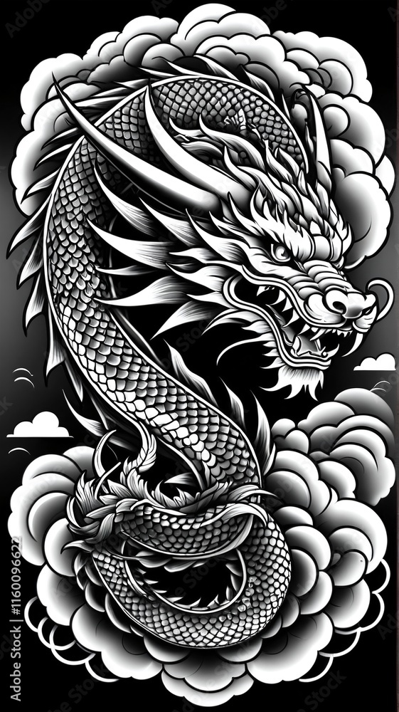 Fototapeta premium Monochrome Dragon in Clouds
