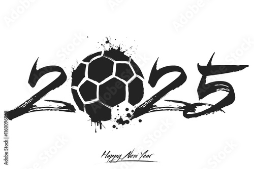 Numbers 2025 and a abstract handball ball made of blots in grunge style. Design text logo Happy New Year 2025. Template for greeting card, banner, poster. Vector illustration on isolated background