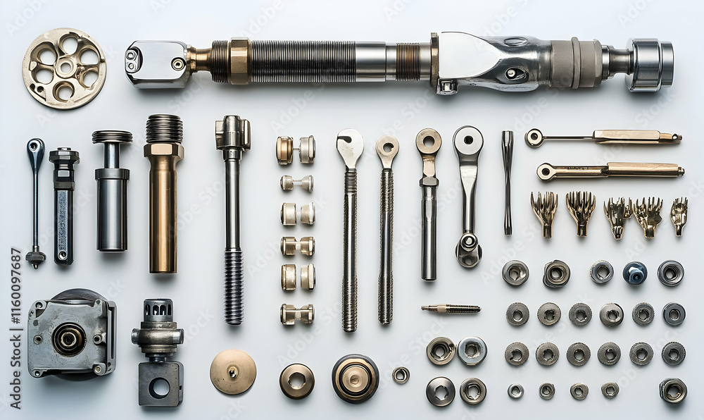 A collection of mechanical components and tools organized for assembly or repair tasks. A collection of mechanical components and tools organized for assembly or repair tasks.