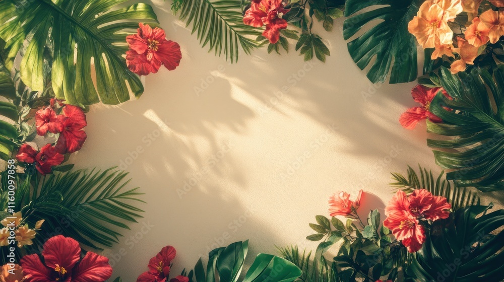 Tropical flowers and leaves frame on beige background with sunlight shadows. Tropical flowers and leaves frame on beige background with sunlight shadows.