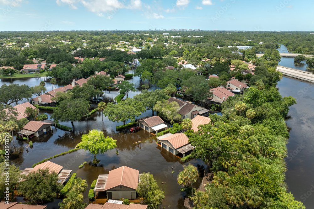 Obraz premium Flooding in Florida caused by tropical storm from hurricane Debby. Suburb houses in residential community surrounded by flood waters in Sarasota. Aftermath of natural disaster