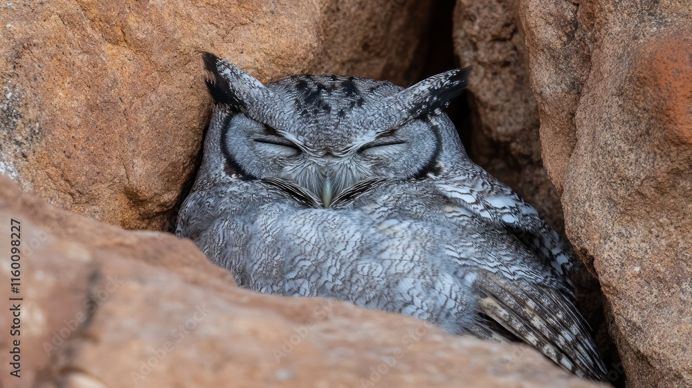 A grey owl sleeps nestled in a rocky crevice, its eyes closed peacefully. A grey owl sleeps nestled in a rocky crevice, its eyes closed peacefully.