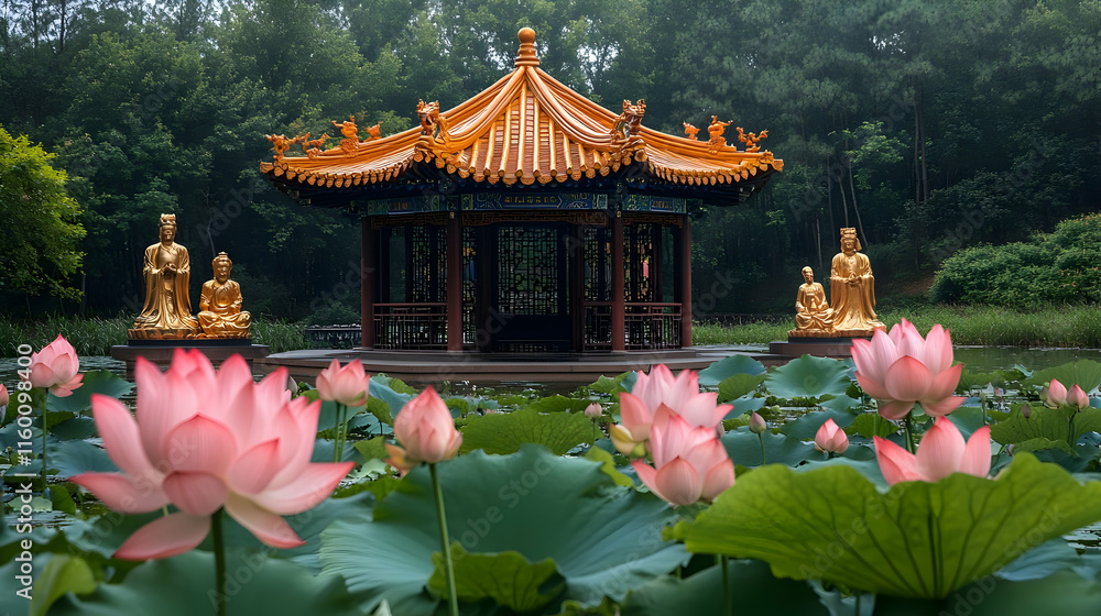 Serene garden with a traditional pavilion surrounded by lotus flowers. Serene garden with a traditional pavilion surrounded by lotus flowers.