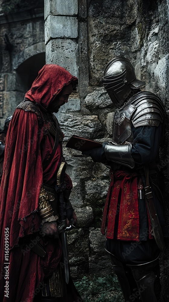 Dramatic Encounter Between Cloaked Figure and Armored Knight in Forest Dramatic Encounter Between Cloaked Figure and Armored Knight in Forest