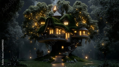 Enchanted Treetop House: A 3D Render of a Magical Forest Home at Night AI Generated photo