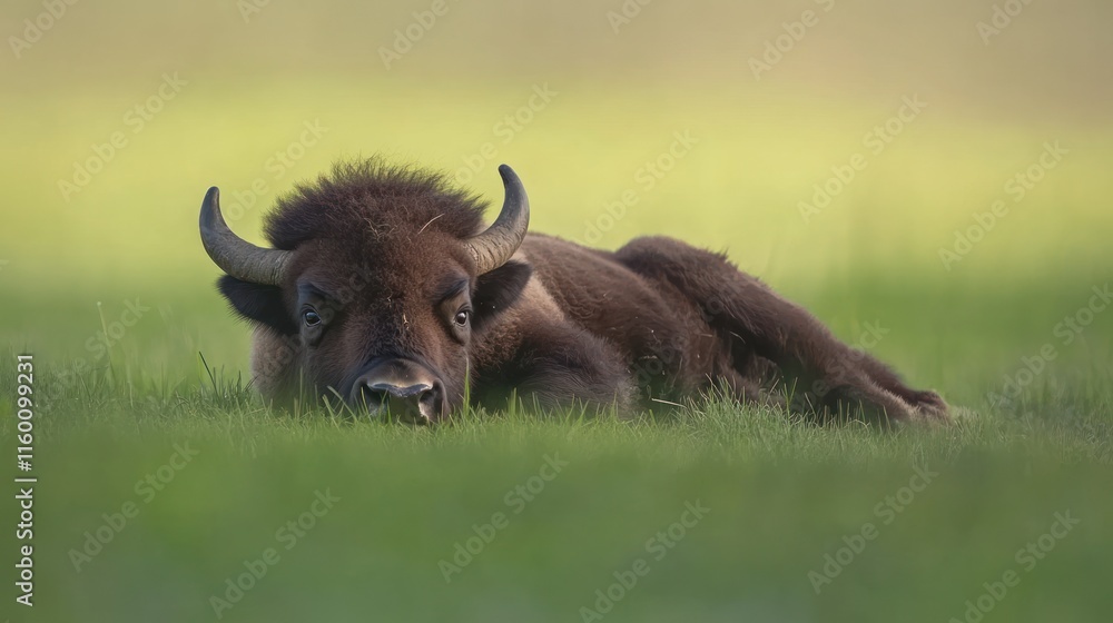 Young European bison lying in green grass field. Young European bison lying in green grass field.