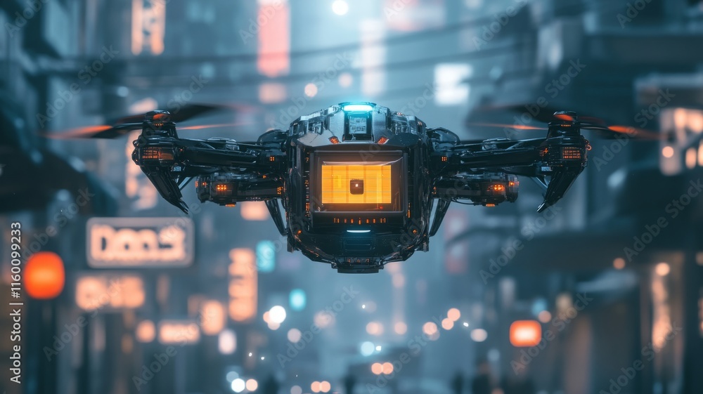 Futuristic Drone Flying Over City Streetscape Futuristic Drone Flying Over City Streetscape