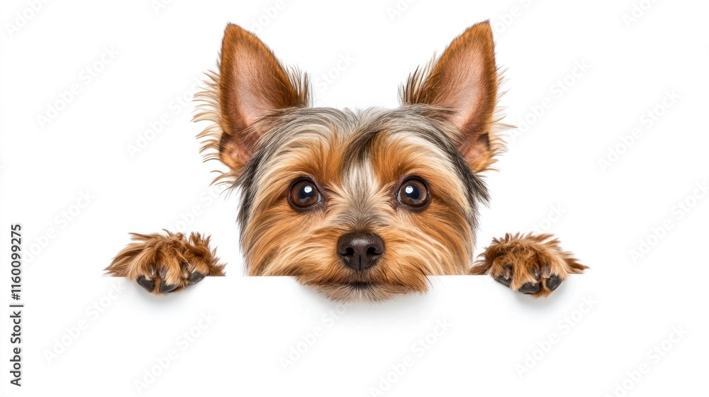 Adorable Yorkshire Terrier puppy peeking over white banner, paws on edge, big eyes. Adorable Yorkshire Terrier puppy peeking over white banner, paws on edge, big eyes.