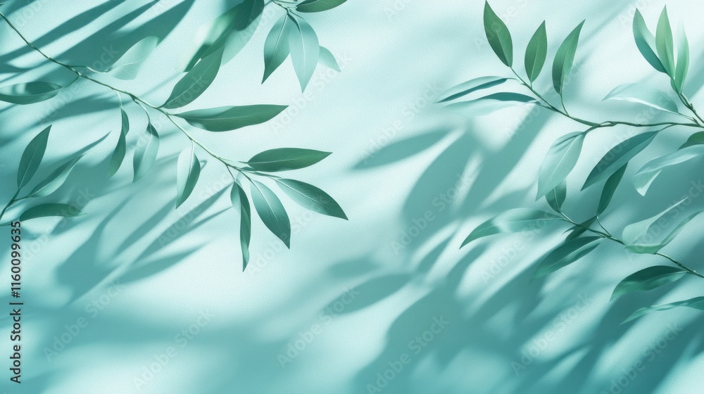Lush green leaves casting shadows on a light teal background. Lush green leaves casting shadows on a light teal background.