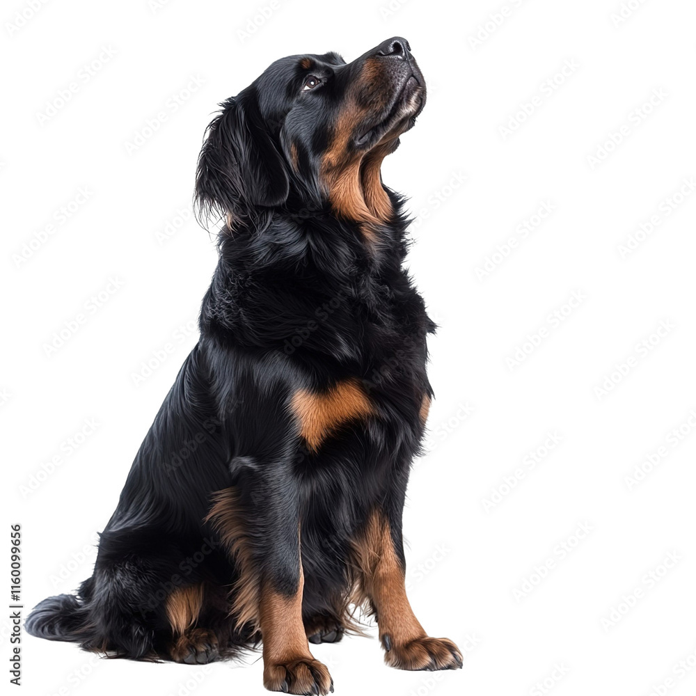 Angled view full body shot of an extremely perfect looking single Long-Haired Rottweiler animal isolated on a white transparent background Angled view full body shot of an extremely perfect looking single Long-Haired Rottweiler animal isolated on a white transparent background