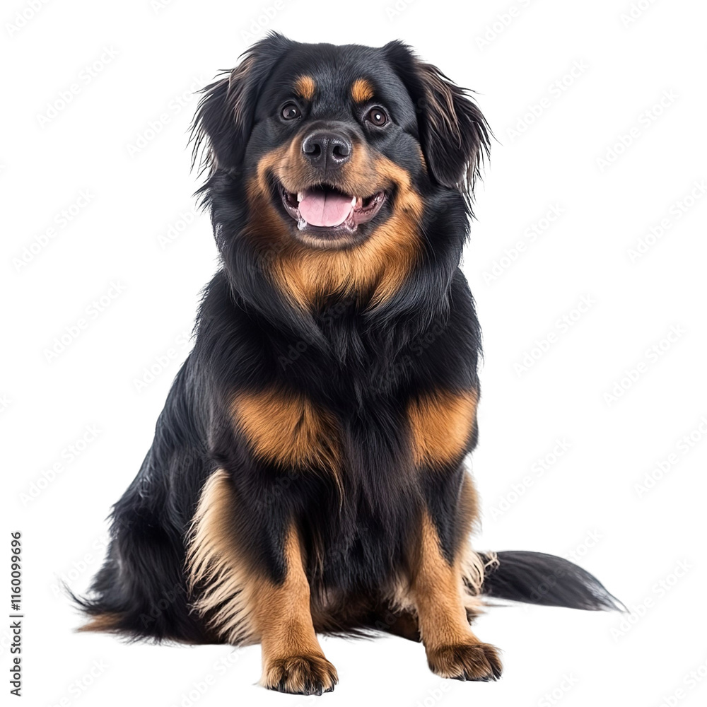 Angled view full body shot of an extremely perfect looking single Long-Haired Rottweiler animal isolated on a white transparent background Angled view full body shot of an extremely perfect looking single Long-Haired Rottweiler animal isolated on a white transparent background