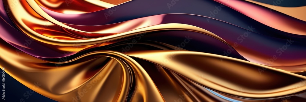 Fototapeta premium Abstract waves, liquid gold, purple velvet, smooth curves, flowing motion, metallic sheen, dynamic composition, luxurious textures, vibrant colors, swirling patterns, glossy surface, fluid art, rich c