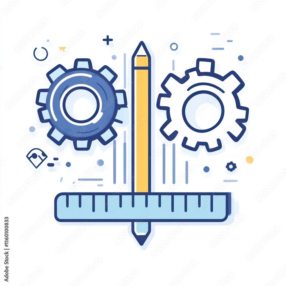 Pencil, gears, ruler; engineering design concept. Pencil, gears, ruler; engineering design concept.