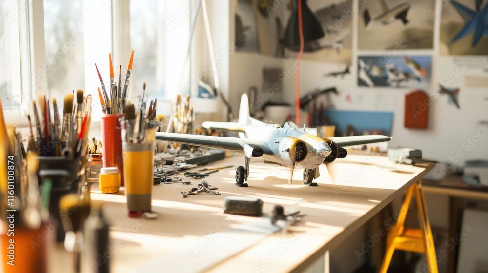 An elegant model airplane painting station in a bright studio, Model airplanes and painting tools meticulously organized, Modern artistic style An elegant model airplane painting station in a bright studio, Model airplanes and painting tools meticulously organized, Modern artistic style
