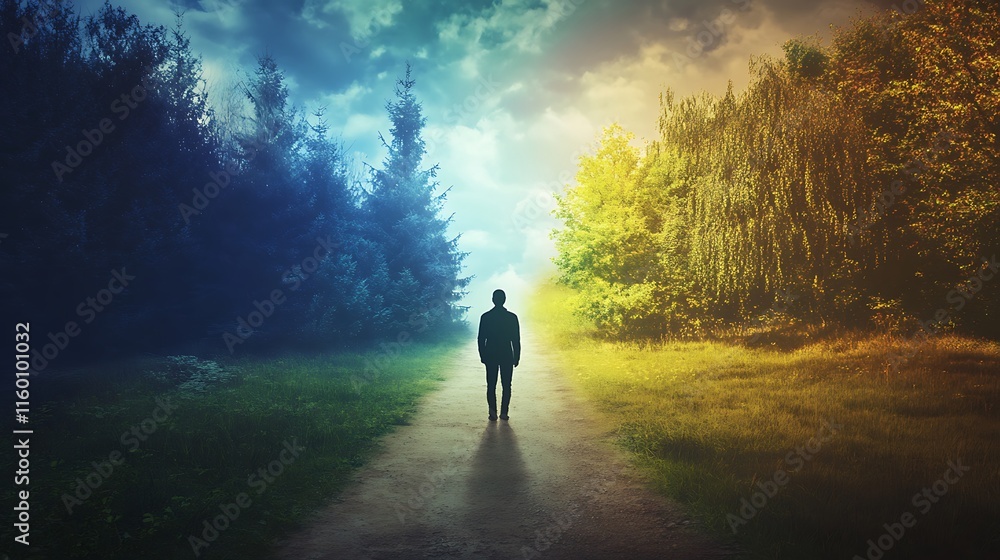 Illustration of A person standing at a crossroad, one path leading to a dark, intimidating forest and the other to a sunny Illustration of A person standing at a crossroad, one path leading to a dark, intimidating forest and the other to a sunny