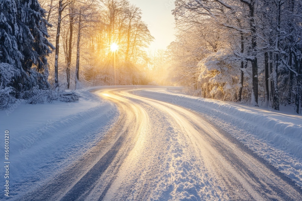 Snowy road curves through a sunlit winter forest. Perfect for winter travel, holiday, and nature themes. Snowy road curves through a sunlit winter forest. Perfect for winter travel, holiday, and nature themes.