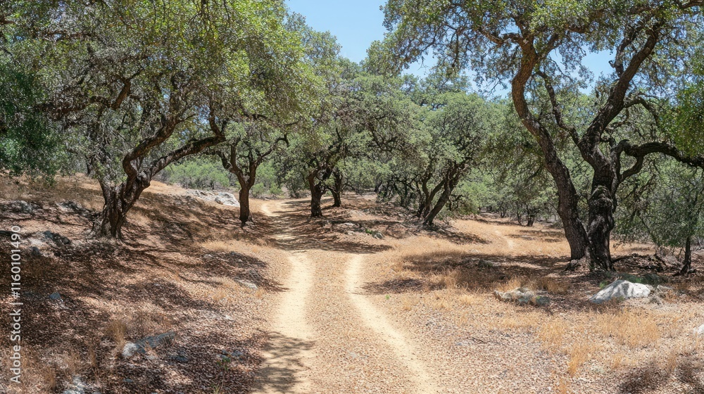 A sunny path forks through a dry, oak-filled landscape. A sunny path forks through a dry, oak-filled landscape.
