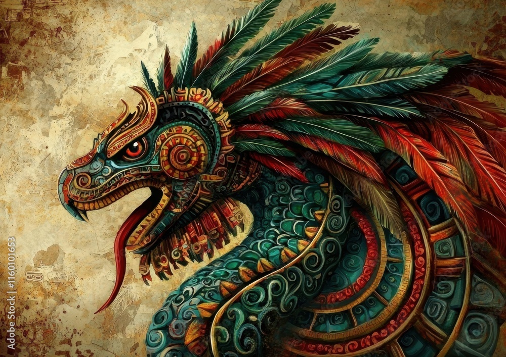 Fototapeta premium Detailed artwork capturing the essence of Quetzalcoatl as a revered deity in Mesoamerican history.