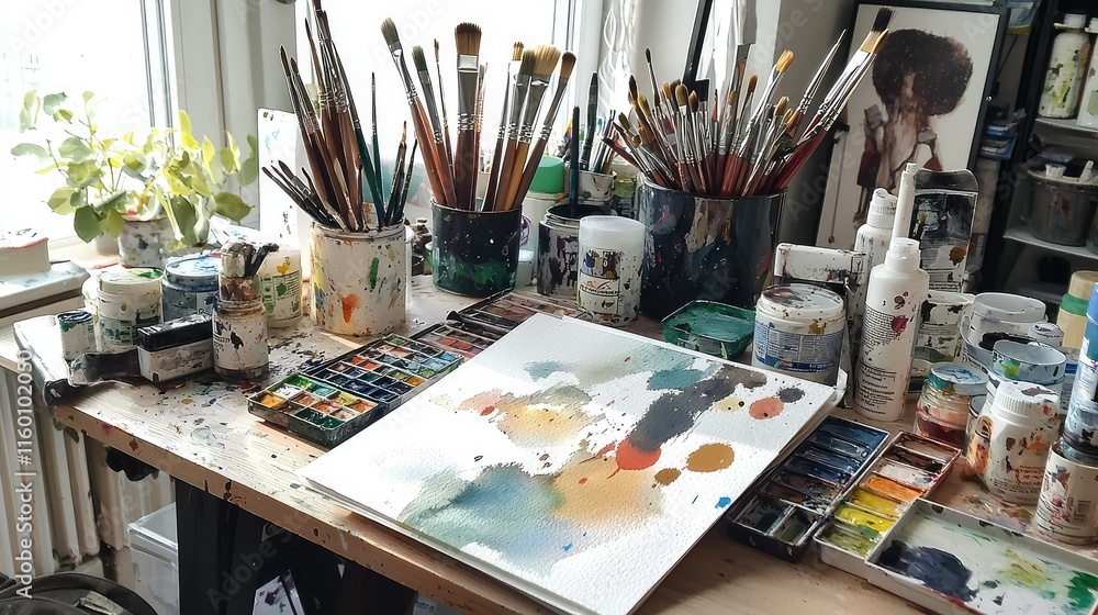 Creative Art Studio with Paint Brushes and Colorful Materials Creative Art Studio with Paint Brushes and Colorful Materials