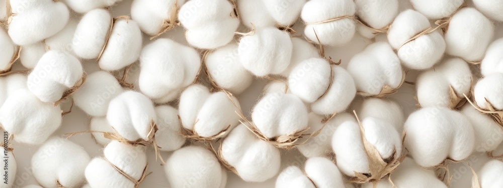 Close-up of numerous fluffy white cotton balls tied with twine, arranged on a light surface. Close-up of numerous fluffy white cotton balls tied with twine, arranged on a light surface.