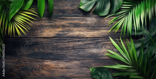 Lush tropical leaves arranged on dark wooden background, creating a vibrant, natural frame. photo