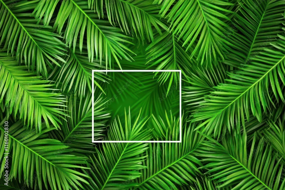 Lush green palm fronds frame a blank square space, ideal for text or logo placement. Lush green palm fronds frame a blank square space, ideal for text or logo placement.