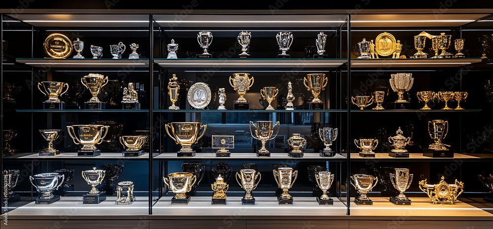 A display of various trophies arranged on shelves, showcasing achievements. A display of various trophies arranged on shelves, showcasing achievements.