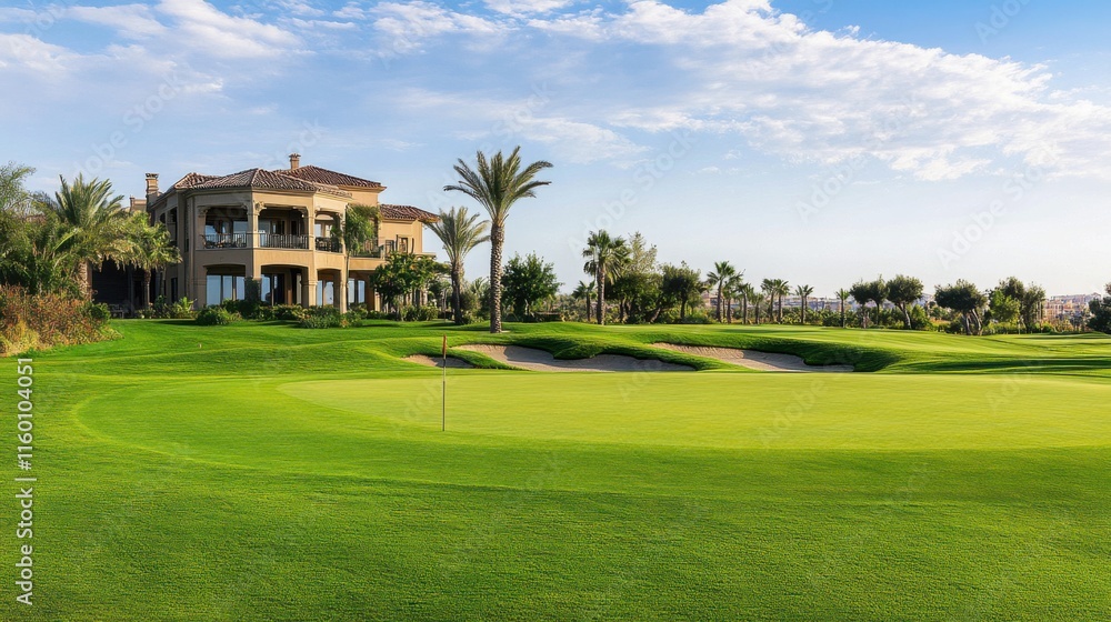 An exclusive golf course with manicured greens and scenic views, Golf clubs neatly aligned near a luxurious clubhouse, Classic elegance style An exclusive golf course with manicured greens and scenic views, Golf clubs neatly aligned near a luxurious clubhouse, Classic elegance style