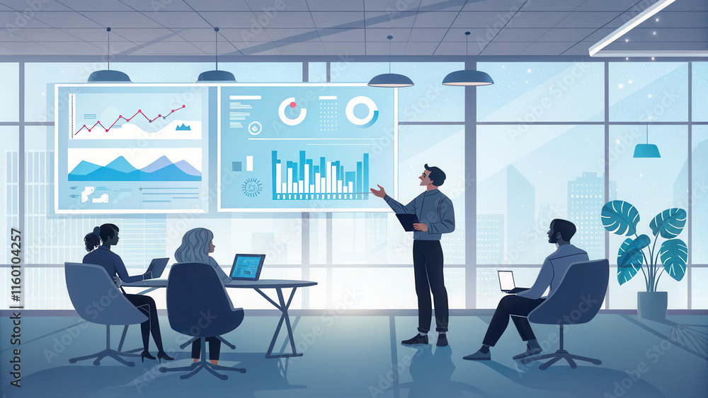 Fototapeta premium social media manager presenting analytics in modern office setting. team is engaged, analyzing data on large screens