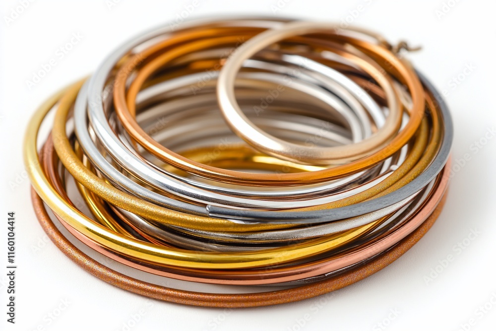 Stack of metallic rings in gold, silver, copper tones. Stack of metallic rings in gold, silver, copper tones.