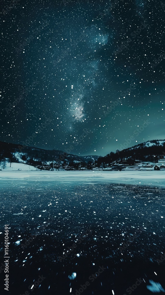 Naklejka premium Stunning Night Sky Over Snowy Landscape with Glittering Stars