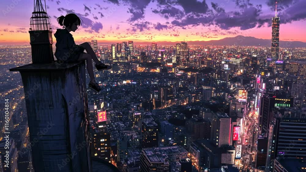 A girl sitting on the edge of an apartment building, overlooking the city lights at night, in the anime style. The composition is typical of anime,