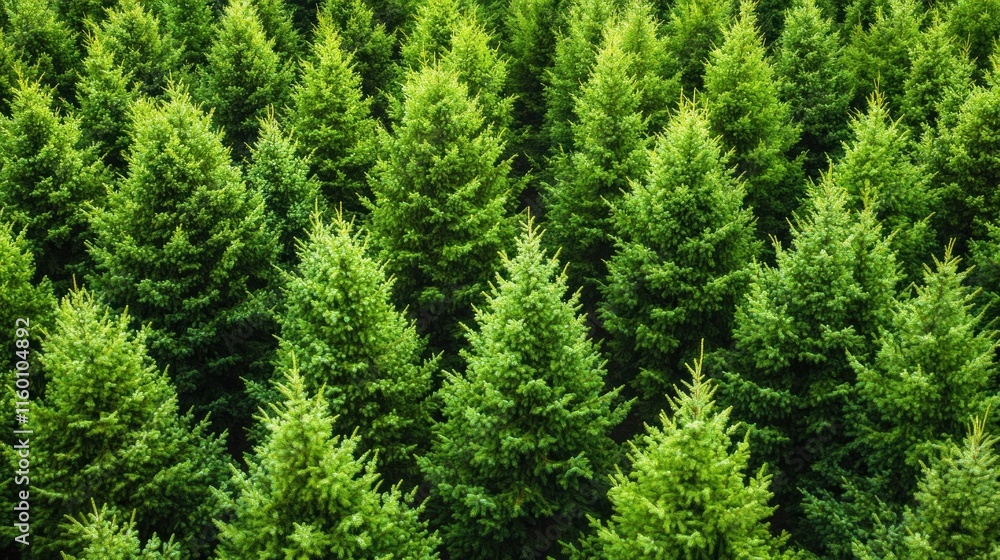 Aerial view of a lush green coniferous forest, showing rows of uniformly grown evergreen trees. Aerial view of a lush green coniferous forest, showing rows of uniformly grown evergreen trees.