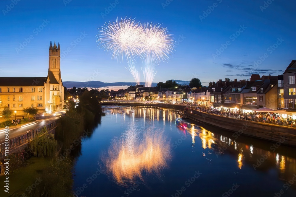 Fototapeta premium Fireworks Display Over River Cityscape at Night