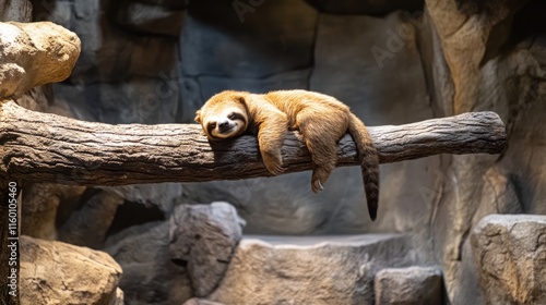 A sloth rests languidly on a thick branch in a dimly lit enclosure. photo