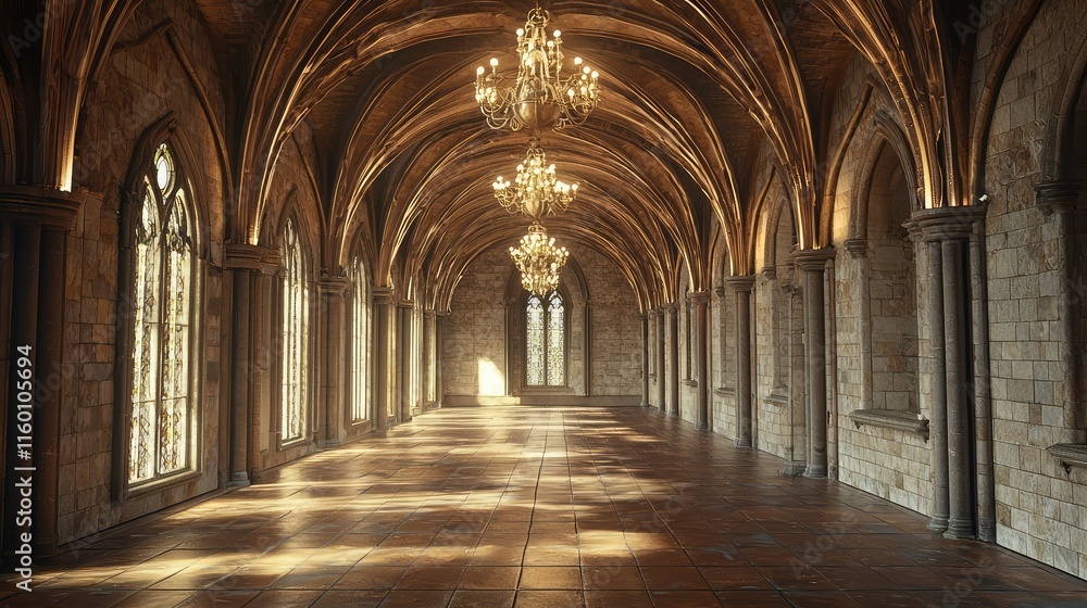 Enchanting Gothic Hallway with Elegant Chandeliers and Illuminated Walls Enchanting Gothic Hallway with Elegant Chandeliers and Illuminated Walls