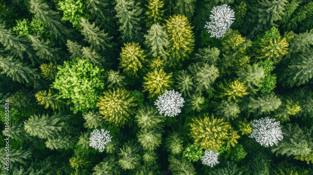 Aerial view of lush green forest with diverse treetops, showing various shades of green and white accents. Aerial view of lush green forest with diverse treetops, showing various shades of green and white accents.