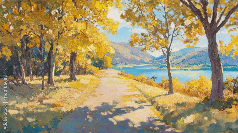 Scenic autumn path alongside a lake, surrounded by golden trees and hills under a sunny sky. Scenic autumn path alongside a lake, surrounded by golden trees and hills under a sunny sky.