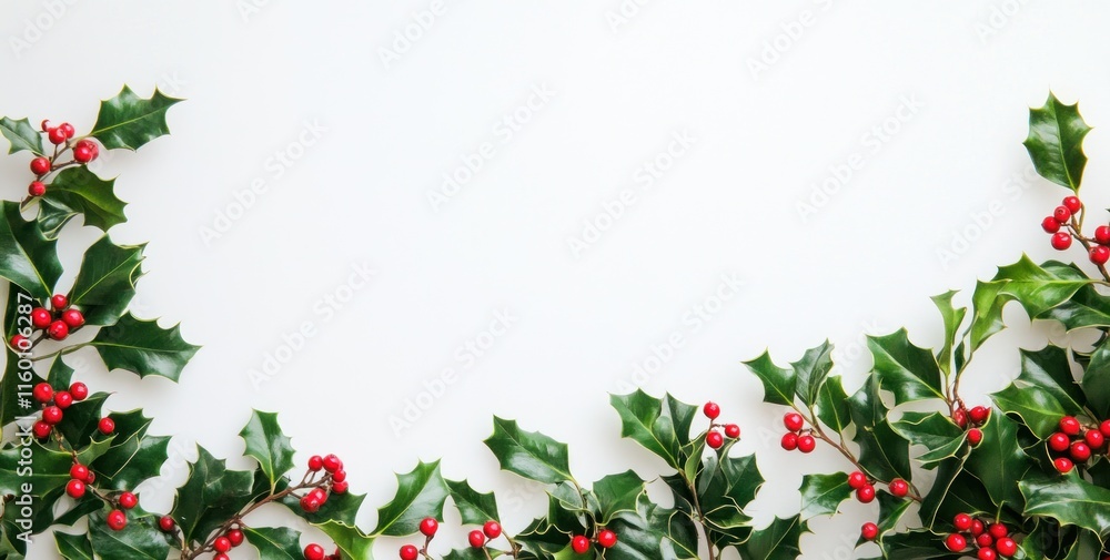 Festive holly border on white background, copy space. Festive holly border on white background, copy space.