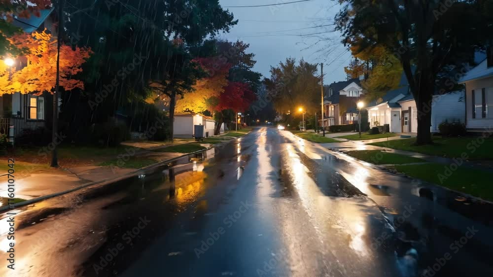 Quiet evening stroll along a rain-soaked street in autumn with colorful trees and warm streetlights Quiet evening stroll along a rain-soaked street in autumn with colorful trees and warm streetlights