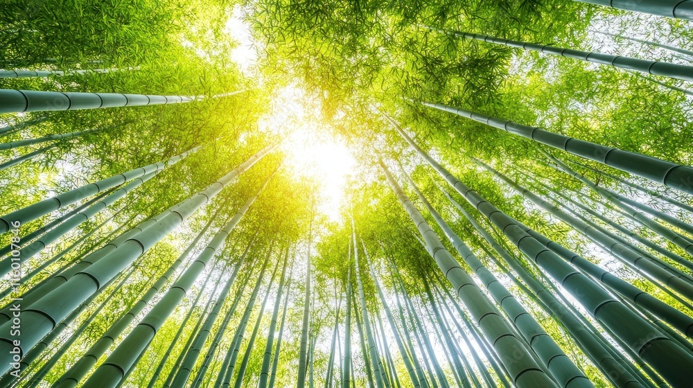 Low angle view of sun shining through dense bamboo forest. Low angle view of sun shining through dense bamboo forest.
