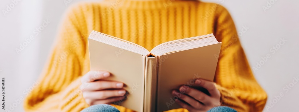 Fototapeta premium Cozy and Inviting Scene of a Person Reading a Book in a Soft Yellow Sweater, Capturing the Essence of Relaxation and Comfort in a Bright Indoor Space