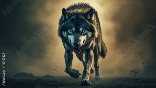 A fierce wolf with glowing eyes strides forward in a dramatic, atmospheric landscape. photo