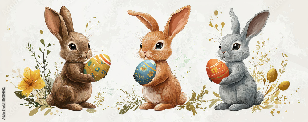Obraz premium Three adorable bunnies holding colorful Easter eggs surrounded by floral elements
