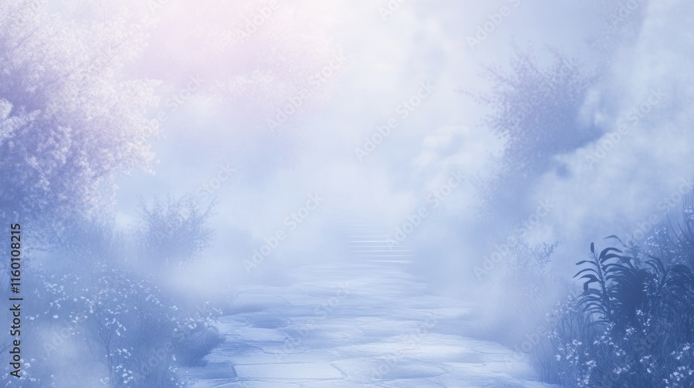 Mystical fog shrouds a stone path winding through a serene, ethereal forest. Mystical fog shrouds a stone path winding through a serene, ethereal forest.