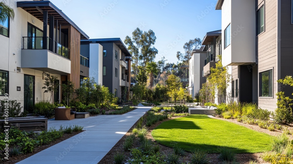 Modern apartment complex with landscaped walkway. Ideal for real estate, architecture, and lifestyle websites. Modern apartment complex with landscaped walkway. Ideal for real estate, architecture, and lifestyle websites.