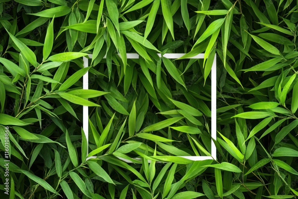 White frame on lush green bamboo leaves background. White frame on lush green bamboo leaves background.
