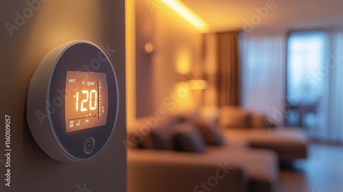 Smart thermostat displays 12.0°C. Shows modern home comfort control, ideal for articles on energy efficiency or smart homes.